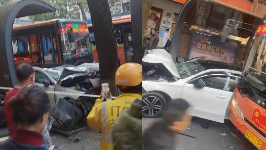 12·5常德小轿车冲上公交站台事故